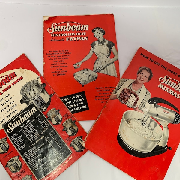 3 vintage SUNBEAM appliance Recipe Instruction Cook Guide BOOKLETS paperback COOKBOOKs books MixMaster Frypan Deep Fryer