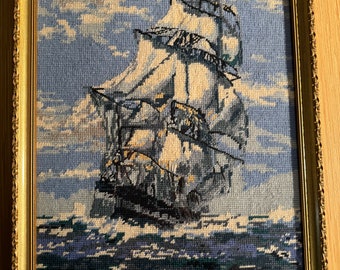 vintage FRAMED blue Needlepoint Picture CLIPPER nautical sailing ship 14x19 gilt