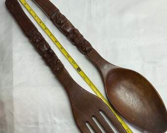 Giant 22" carved Wood Wall FORK & SPOON set Tiki Totem decor (4CA)