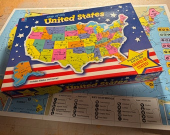 Vintage 1993 UNiTED STATES USA State Picture Map jigsaw Puzzle cardboard home school MB Hasbro 4806 original box