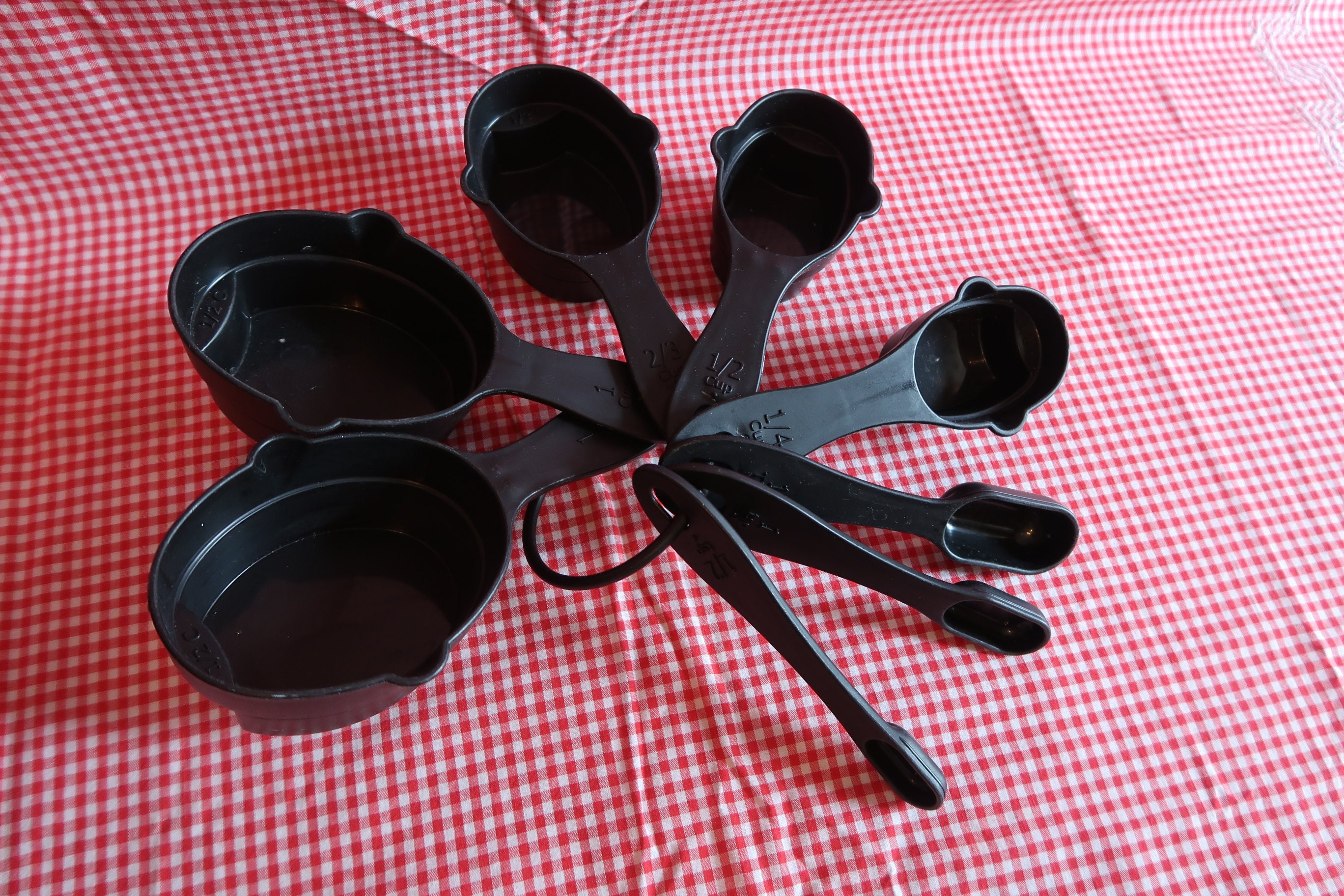 Sets of 8 Black Plastic Measuring Cups & Spoons Made in USA 