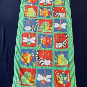 Vintage BEACH TOWEL &#39;A&#39; kids Davidson Cotton Co FROGS cats dragonfly fish bath