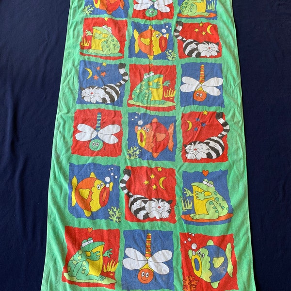 Vintage BEACH TOWEL 'A' kids Davidson Cotton Co FROGS cats dragonfly fish bath