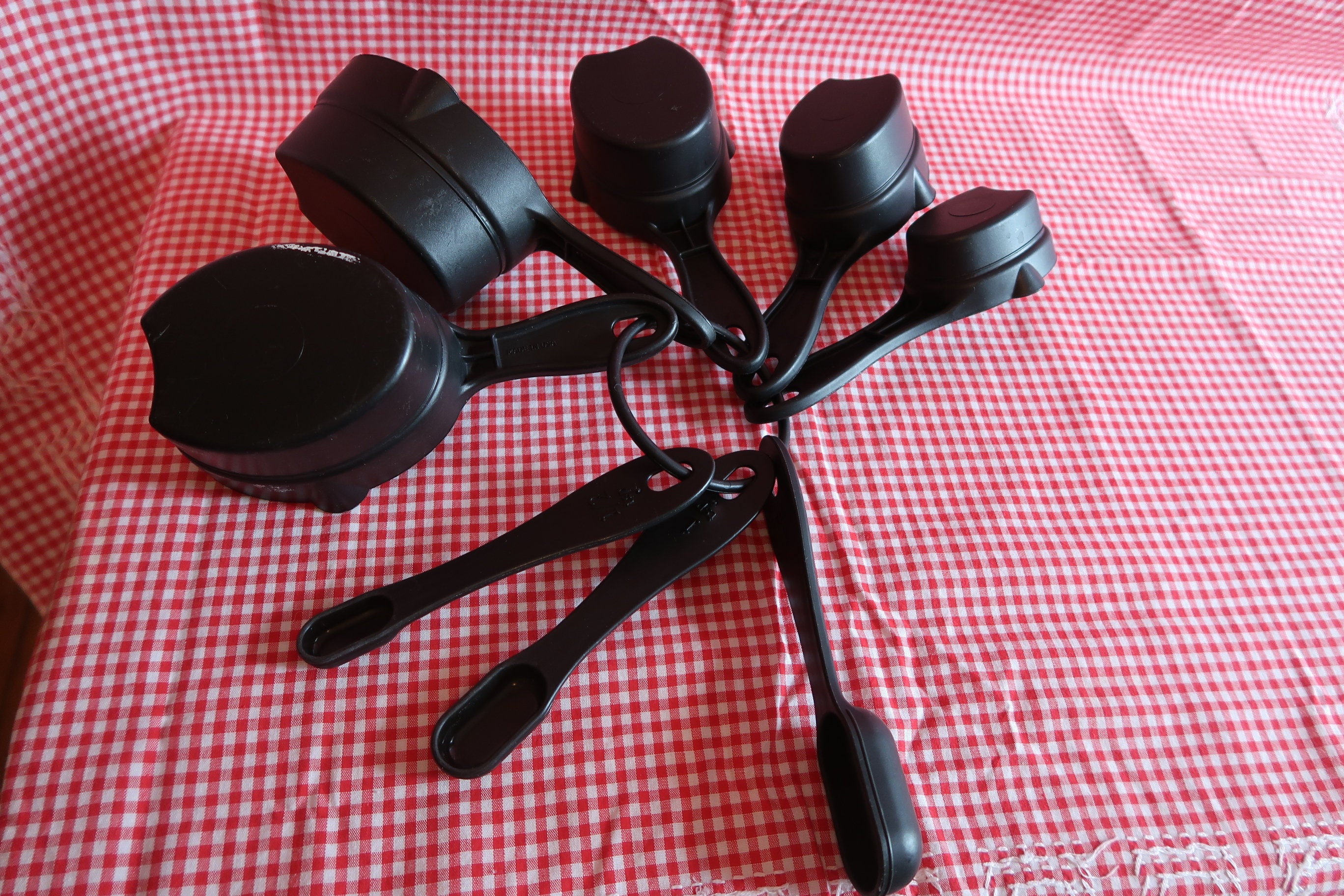 Sets of 8 Black Plastic Measuring Cups & Spoons Made in USA 