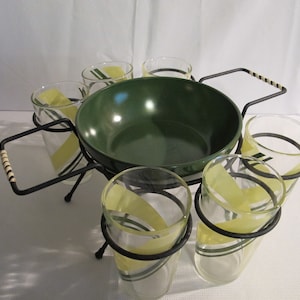 SERVING caddy Set MCM swirl drink GLASSes Anchor Hocking Green BOWL Mid Century