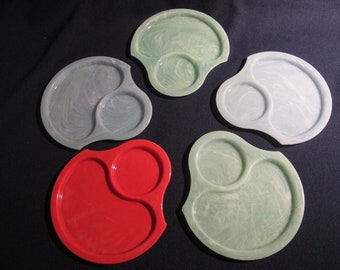 5 Nu-DELL PLASTICS  Snack Trays No. 300  Mid Century MCM swirl Aqua Jade Coral Green Blue