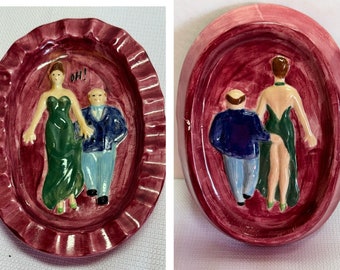 OH! vtg ceramic ASHTRAY Naughty Risque Two Sided Dirty old Man butt grab Lady