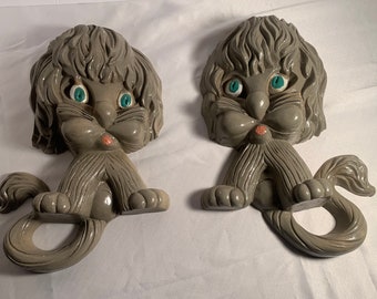 HOMCO metal Big wall cats Grey Lion cubs set 2 hanging vintage 1970's MidCentury retro! pair