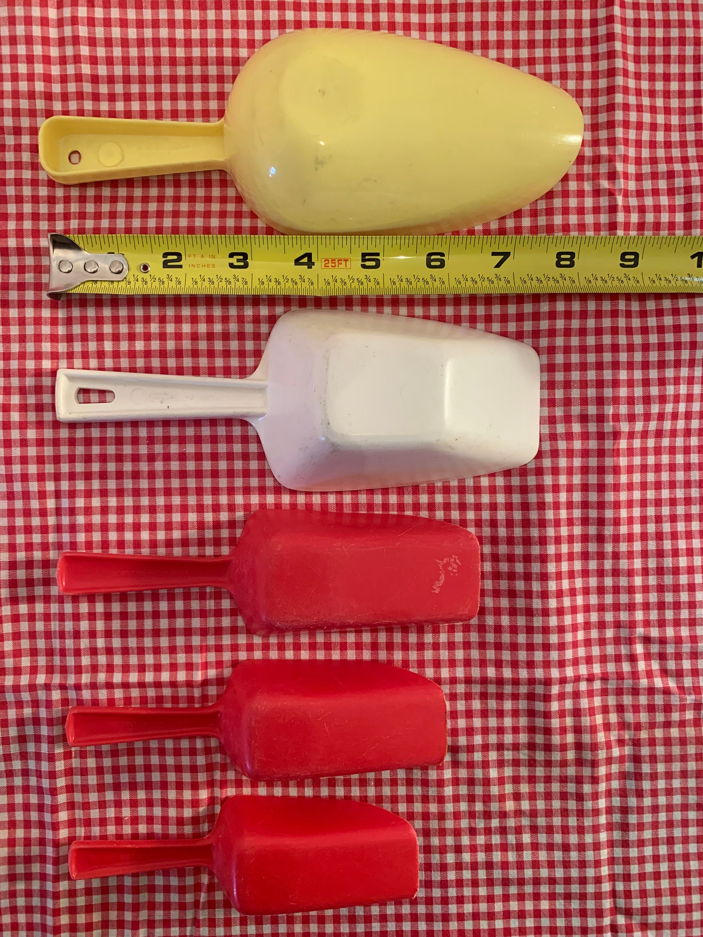 5 pc Vintage Canister SCOOPS mid-century kitsch Red Yellow 5 pc Vintage Canister SCOOPS mid-century kitsch Red Yellow