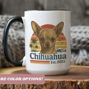 Personalized Chihuahua Dog Mug with Retro Sunset Design – Custom Dog Lover Gift – Cute Pet Coffee Cup – Chihuahua Owner Gift Idea 2025