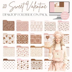 May include: A digital desktop folder icon pack with a Valentine's Day theme. The pack includes 20 folders with various designs, including glitter, hearts, and floral patterns. A woman in a chef's hat and apron is holding a cake. The text reads "20 Sweet Valentine Desktop Folder Icon Pack."