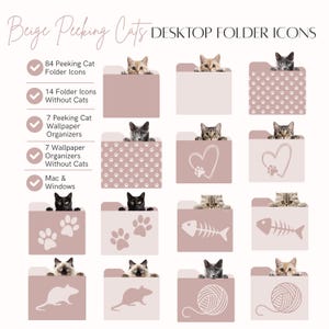 Peeking Cats Folder Icon Pack, Beige Whimsical Wallpaper Organizer, Cat Lover Aesthetic Desktop Theme (PNG and ICO Digital Download)