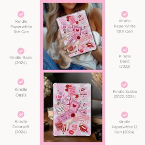 以下が含まれることがあります： ピンクと白のKindleケース。唇、ハート、「Spicy Club」、「Busy Shut」などのテキストなど、さまざまなデザインが施されています。Paperwhite、Basic、Oasisなど、さまざまなKindleモデルに対応しています。