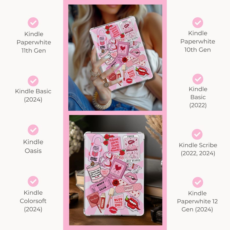 以下が含まれることがあります： ピンクと白のKindleケース。唇、ハート、「Spicy Club」、「Busy Shut」などのテキストなど、さまざまなデザインが施されています。Paperwhite、Basic、Oasisなど、さまざまなKindleモデルに対応しています。