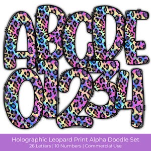 Conjunto de garabatos alfa de leopardo holográfico / Fuente con estampado animal arcoíris / Letras y números digitales PNG