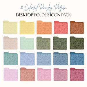May include: A collection of 20 colorful desktop folder icons with a paisley pattern. The folders are in various colors, including yellow, orange, pink, green, and blue. The text at the top reads "20 Colorful Paisley Pattern Desktop Folder Icon Pack."
