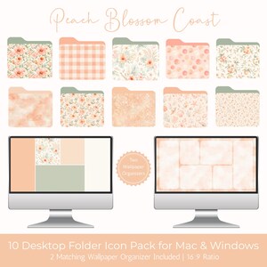 May include: A digital product featuring ten desktop folder icons with various patterns, including floral, gingham, and watercolor designs in peach, green, and white. The image also includes two matching wallpaper organizers and the text "Peach Blossom Coast".