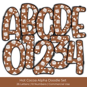 Cacao chaud alphabet clipart PNG sertie de chiffres et de lettres guimauve, police numérique Doodle hiver mignon pour sublimation et travaux manuels