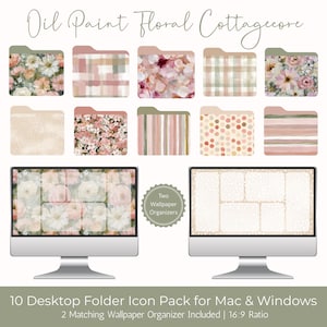 May include: A digital pack with ten desktop folder icons and two matching wallpaper organisers. The icons feature floral and abstract designs in soft pinks, greens, and beige. The text reads "Oil Paint Floral Cottagecore" and "10 Desktop Folder Icon Pack for Mac & Windows."