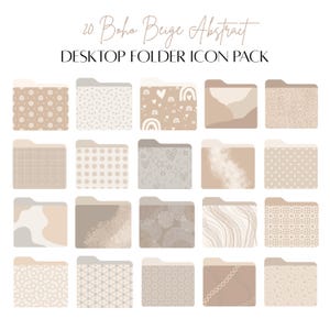 Könnte beinhalten: Ein Satz von 20 beige und weißen abstrakten Ordner-Icons. Die Icons zeigen verschiedene Muster, darunter geometrische Formen, Sterne, Herzen und Regenbögen. Der Text "20 Boho Beige Abstract Desktop Folder Icon Pack" befindet sich oben im Bild.
