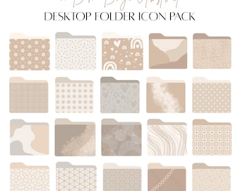 May include: A set of 20 beige and white abstract folder icons. The icons feature various patterns, including geometric shapes, stars, hearts, and rainbows. The text "20 Boho Beige Abstract Desktop Folder Icon Pack" is at the top of the image.