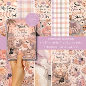 May include: A collection of ten printable Kindle inserts featuring Summerween beach themes with ghosts, black cats, pumpkins, and floral patterns in pastel pink and purple tones. The designs include text such as Beach, Please, I'm Reading Ghost Stories.