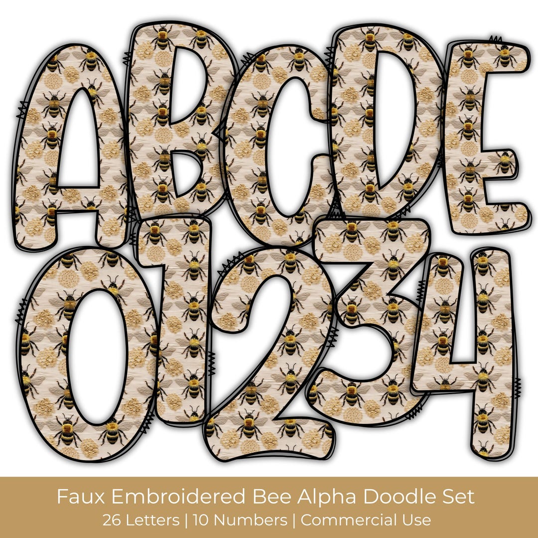 Bee Alphabet PNG Set | Faux Embroidered Letters & Numbers (digital ...