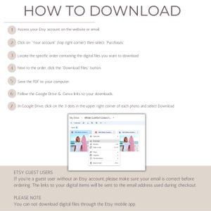 Puede incluir: Gr&aacute;fico blanco con instrucciones sobre c&oacute;mo descargar archivos digitales de Etsy. El texto incluye pasos para acceder a su cuenta, ubicar compras y descargar archivos. Tambi&eacute;n se incluyen notas adicionales para usuarios invitados y usuarios de aplicaciones m&oacute;viles.