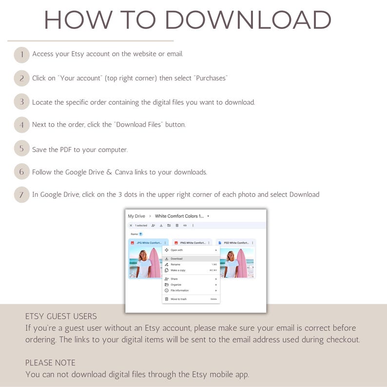Puede incluir: Gr&aacute;fico blanco con instrucciones sobre c&oacute;mo descargar archivos digitales de Etsy. El texto incluye pasos para acceder a su cuenta, ubicar compras y descargar archivos. Tambi&eacute;n se incluyen notas adicionales para usuarios invitados y usuarios de aplicaciones m&oacute;viles.