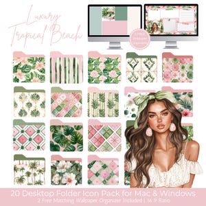 May include: A digital product featuring a collection of 20 desktop folder icons with tropical beach designs. The icons include floral, geometric, and palm leaf patterns in pink, green, and white. The image also includes two matching wallpaper organizers and a woman with long brown hair.