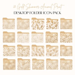 May include: 20 Gold Shimmer Animal Print Desktop Folder Icon Pack. A set of 20 folder icons featuring various animal prints in gold and white.