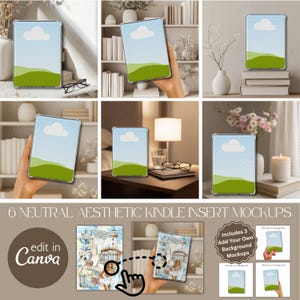 Neutral Kindle Insert Mockup Canva Templates for Clear Case, Beige Minimalist eReader Cover Mockup for Bookstagram, Booktok, & Etsy Sellers