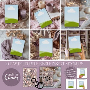 Puede incluir: Se muestran seis maquetas de inserción de Kindle en color púrpura pastel. Cada maqueta presenta un Kindle con un diseño de cielo azul y paisaje verde. El texto "6 PASTEL PURPLE KINDLE INSERT MOCKUPS" y "Edit in Canva" son visibles.