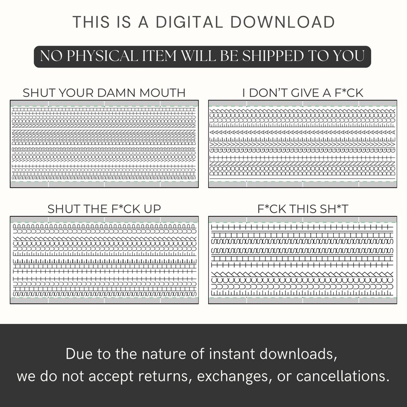 Op de afbeelding: Digitale downloadafbeelding met vier rechthoekige ontwerpen, elk met een ander patroon en een gedurfde zin: "SHUT YOUR DAMN MOUTH", "I DON'T GIVE A F*CK", "SHUT THE F*CK UP" en "F*CK THIS SH*T". De tekst "THIS IS A DIGITAL DOWNLOAD" staat bovenaan.
