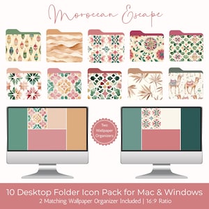 May include: A digital product featuring a collection of 10 desktop folder icons with Moroccan-inspired designs. The icons showcase patterns, lanterns, and desert landscapes in shades of pink, green, and beige. Includes two matching wallpaper organizers.