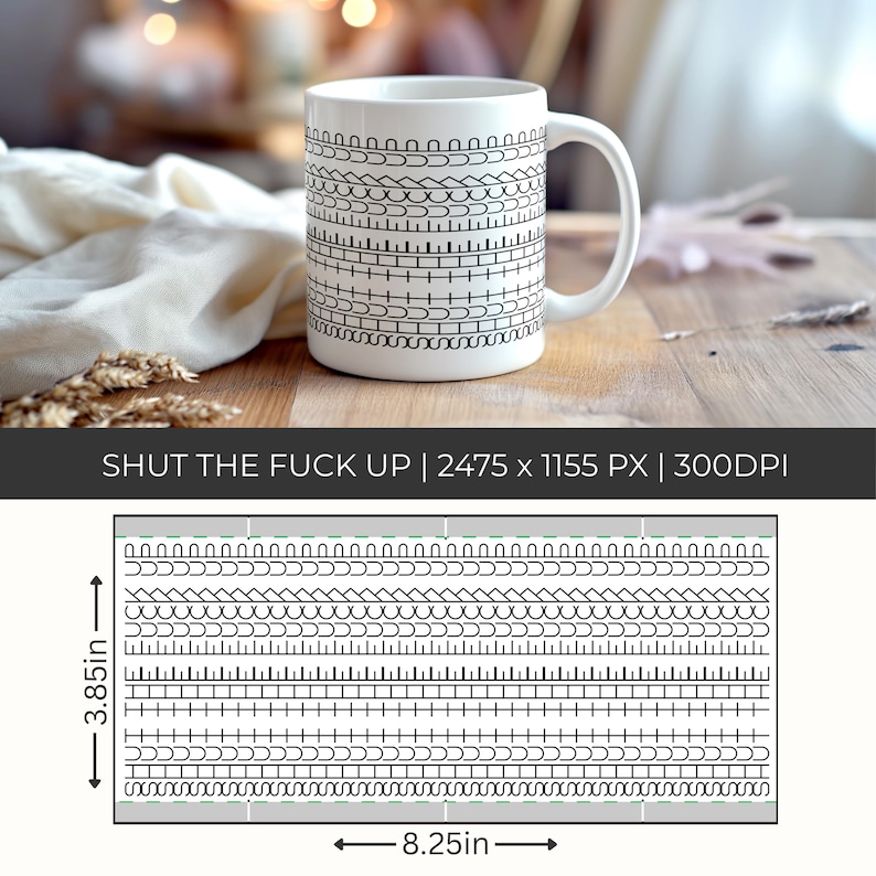 Op de afbeelding: Witte keramische mok met een zwart lijnkunstontwerp. De mok heeft verschillende geometrische patronen en de tekst "SHUT THE FUCK UP". De mok is 21 cm breed en 9,8 cm hoog.
