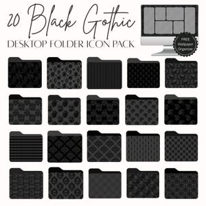 May include: A set of 20 black gothic desktop folder icons featuring diverse patterns such as floral, striped, and geometric designs. The image also shows a computer monitor with a matching wallpaper organiser and the text "Black Gothic Desktop Folder Icon Pack".