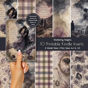 May include: A collection of 10 printable Kindle inserts themed around Wuthering Heights, featuring romantic illustrations, quotes, and plaid patterns. The set includes 8 model sizes and is formatted for A4 and US letter paper print sizes.