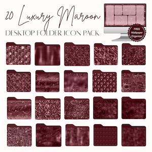 May include: A collection of 20 maroon desktop folder icons with various textures, including glitter, brushed metal, and quilted patterns. The words "20 Luxury Maroon Desktop Folder Icon Pack" are at the top. A computer monitor displays a matching maroon wallpaper.