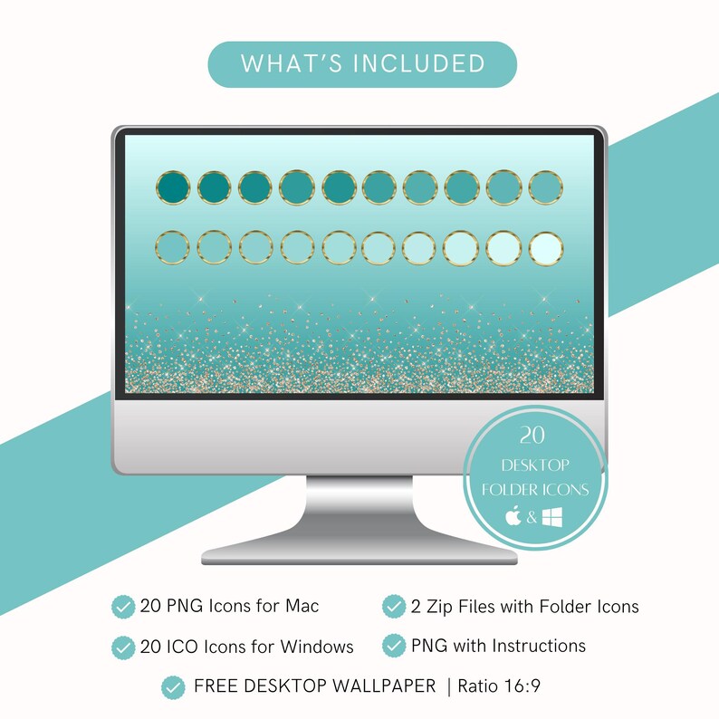 Round Desktop Folder Icon Pack in Gradient Teal and Gold Frame PNG and ...