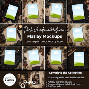 Dark Academia Halloween Kindle Insert Mockups Canva Template Bundle Gothic Flat Lay Tablet Display