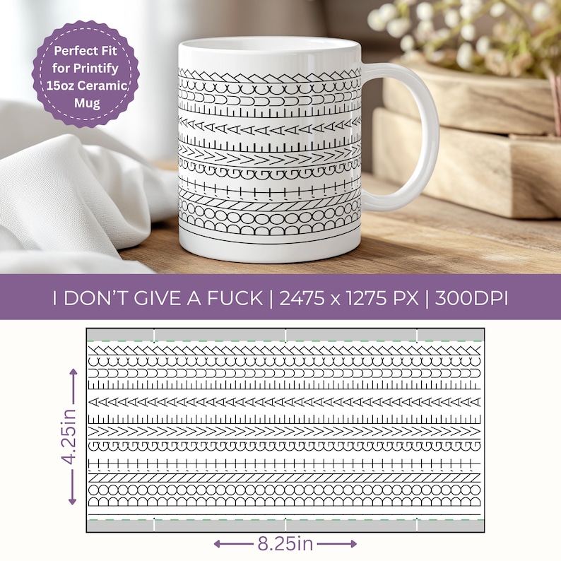May include: White ceramic mug with a black geometric pattern. The mug is 4.25 inches tall and 8.25 inches wide. The text "I DON'T GIVE A FUCK" is printed on the image. The mug is designed for a 15oz ceramic mug.