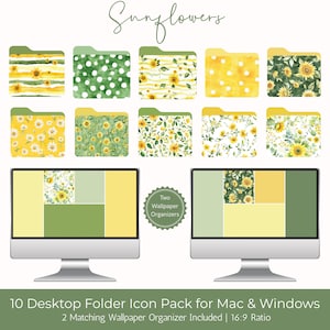 Puede incluir: Un conjunto de diez iconos de carpetas de escritorio con diseños de girasoles, incluyendo organizadores de fondos de pantalla a juego. Los iconos presentan varios patrones, incluyendo rayas, lunares y arreglos florales en amarillo, verde y blanco. El texto dice "Sunflowers".
