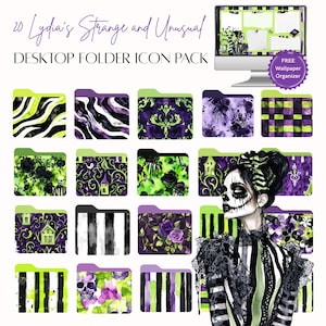 May include: A desktop folder icon pack with 20 unique designs. The folders feature various patterns, including stripes, floral, and abstract designs in black, green, and purple. A computer monitor displays a matching wallpaper. The text reads "Lydia's Strange and Unusual Desktop Folder Icon Pack."