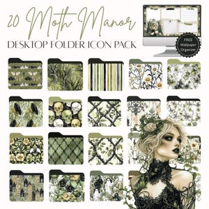 Puede incluir: Un paquete de iconos de carpeta de escritorio digital titulado "20 Moth Manor". Los iconos presentan varios diseños, incluyendo polillas, árboles, calaveras y patrones florales. Un monitor de ordenador muestra un fondo de pantalla a juego.