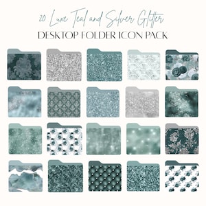 Może przedstawiać: Zestaw 20 ikon folderów pulpitu w kolorze turkusowym i srebrnym brokacie. Ikony prezentują różnorodne wzory, w tym kwiatowe, geometryczne i abstrakcyjne.
