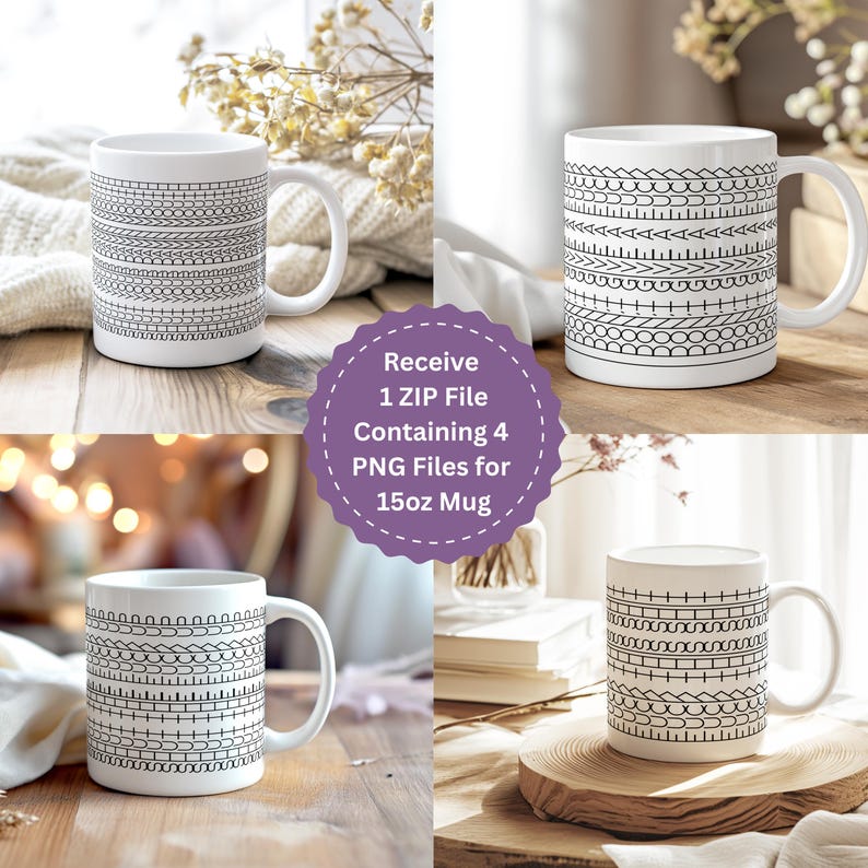 May include: Four white 15oz mugs with black geometric patterns are displayed. Each mug features a different design, including lines, circles, and dashes. The mugs are on a wooden surface, with a purple circle in the center that says "Receive 1 ZIP File Containing 4 PNG Files for 15oz Mug."