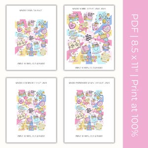 May include: Four printable PDF designs for Kindle devices, each featuring a colorful collage of book-themed illustrations and text. The designs are labeled for Kindle Oasis, Scribe, Paperwhite, and Colorssoft, with dimensions and instructions for printing at 100%.