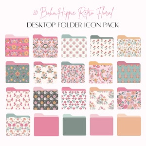 May include: A set of 20 digital folder icons featuring a boho hippie retro floral theme. The icons are in a variety of colors and patterns, including pink, green, blue, and yellow. The icons are perfect for organizing your computer files.