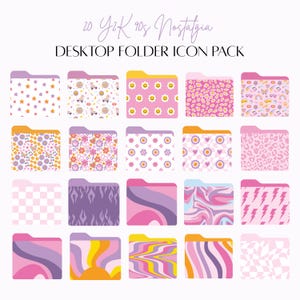 Puede incluir: Un conjunto de 20 iconos de carpeta digital en un tema de nostalgia Y2K de los 90. Los iconos presentan varios patrones en rosa, morado y amarillo, incluyendo estrellas, flores, cuadros, llamas y remolinos.